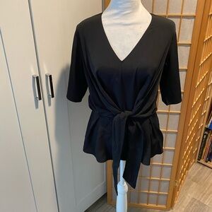 Blue Rain Twist Tie Front Blouse Top Sz XS Black Short Sleeves Peplum Waist